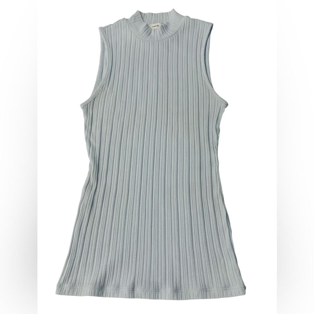 Vince White Ribbed Mock Neck Sleeveless Top  Pale Blue